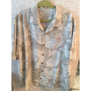 EUC TOMMY BAHAMA Silk Blend Gray & White Abstract Print Button Down Shirt SZ XL